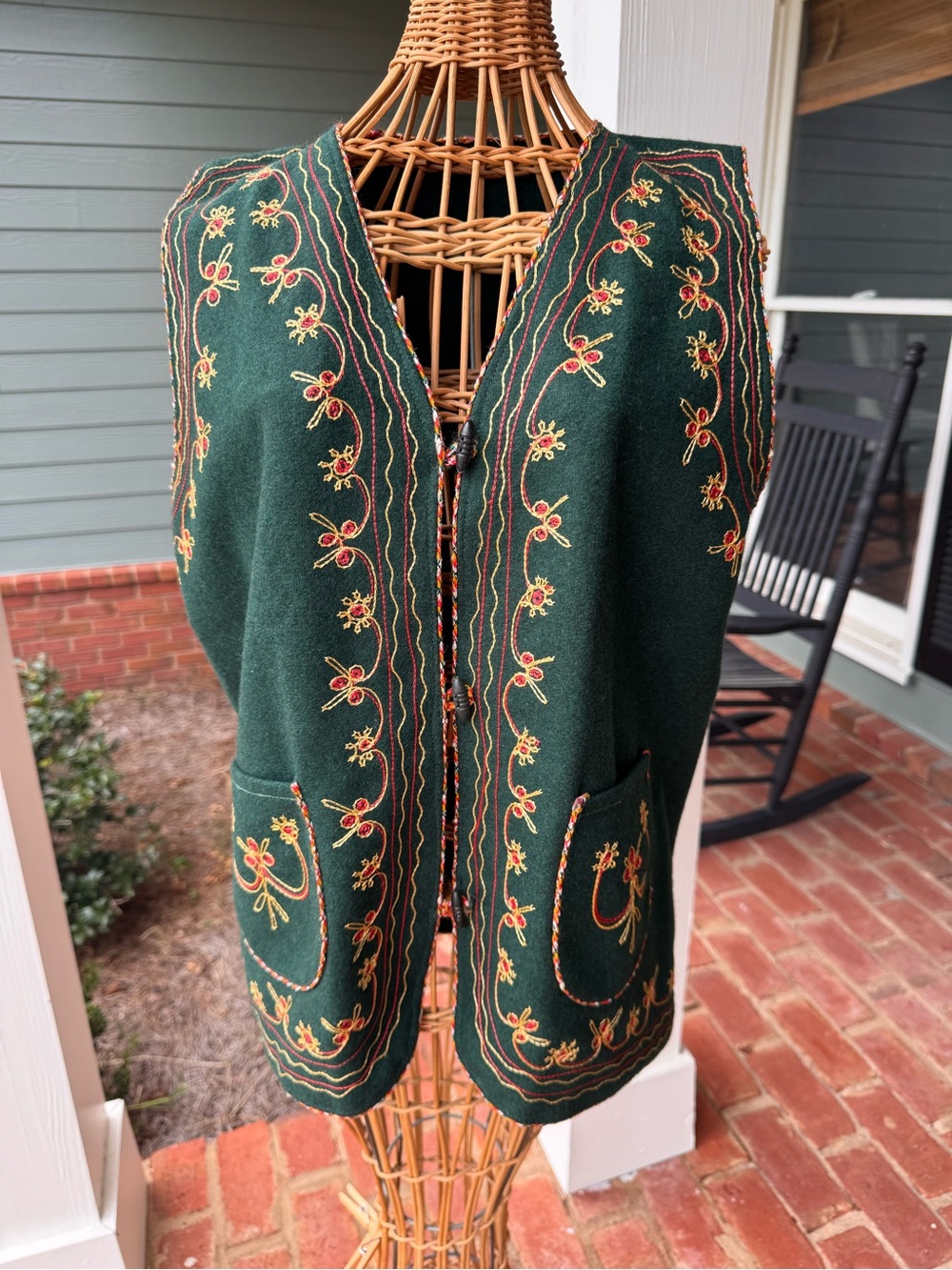 Vintage 70s 80s Wool Folk Art Vest Hand Embroidered Boho Floral